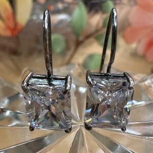 925 Sterling Silver Women Drop Earrings Clear Emerald Cut Cage Gothic Glam